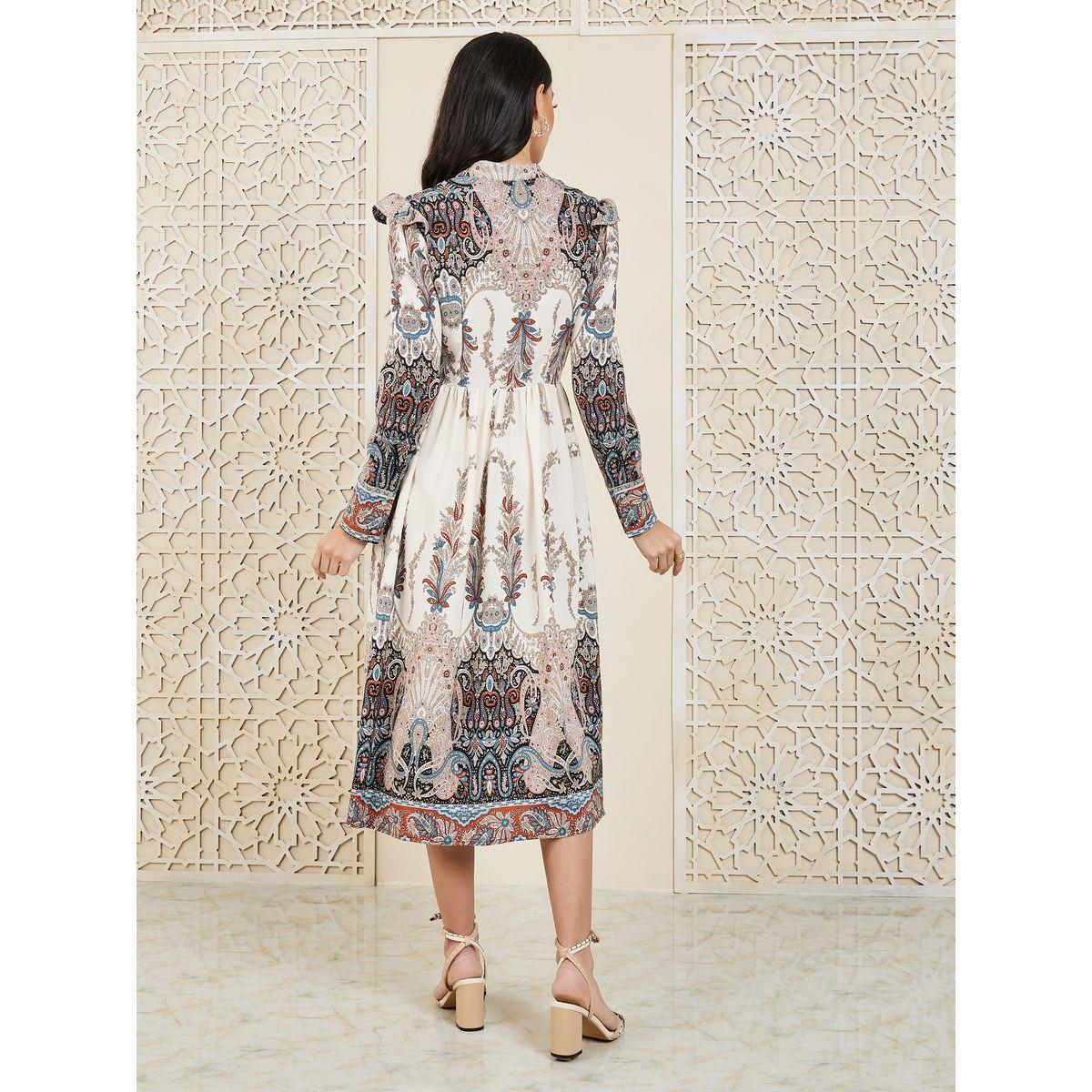 Styli Paisley Print Button Detail Notch Neck A-Line Midi Dress-women-clothing-dresses-image-4
