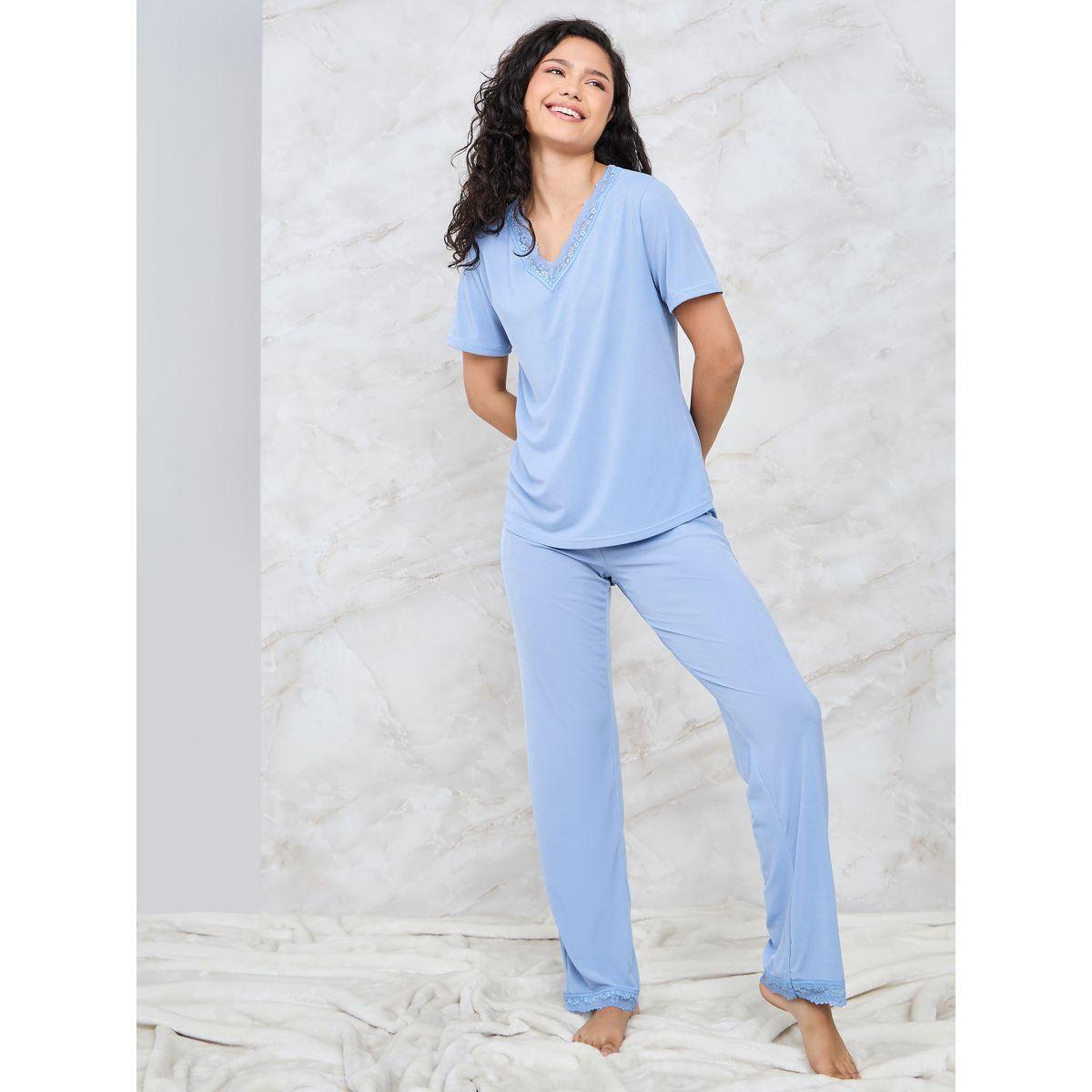 Styli Unwind Scallop Lace Trim Rib T-Shirt & Pyjama Set-women-clothing-nightwear-pyjamas-longsets-image-1