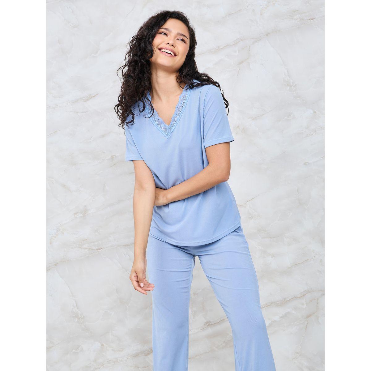 Styli Unwind Scallop Lace Trim Rib T-Shirt & Pyjama Set-women-clothing-nightwear-pyjamas-longsets-image-2