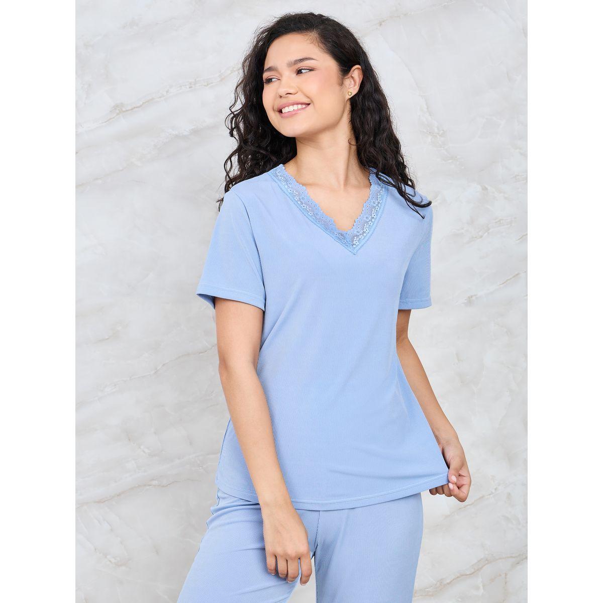 Styli Unwind Scallop Lace Trim Rib T-Shirt & Pyjama Set-women-clothing-nightwear-pyjamas-longsets-image-5