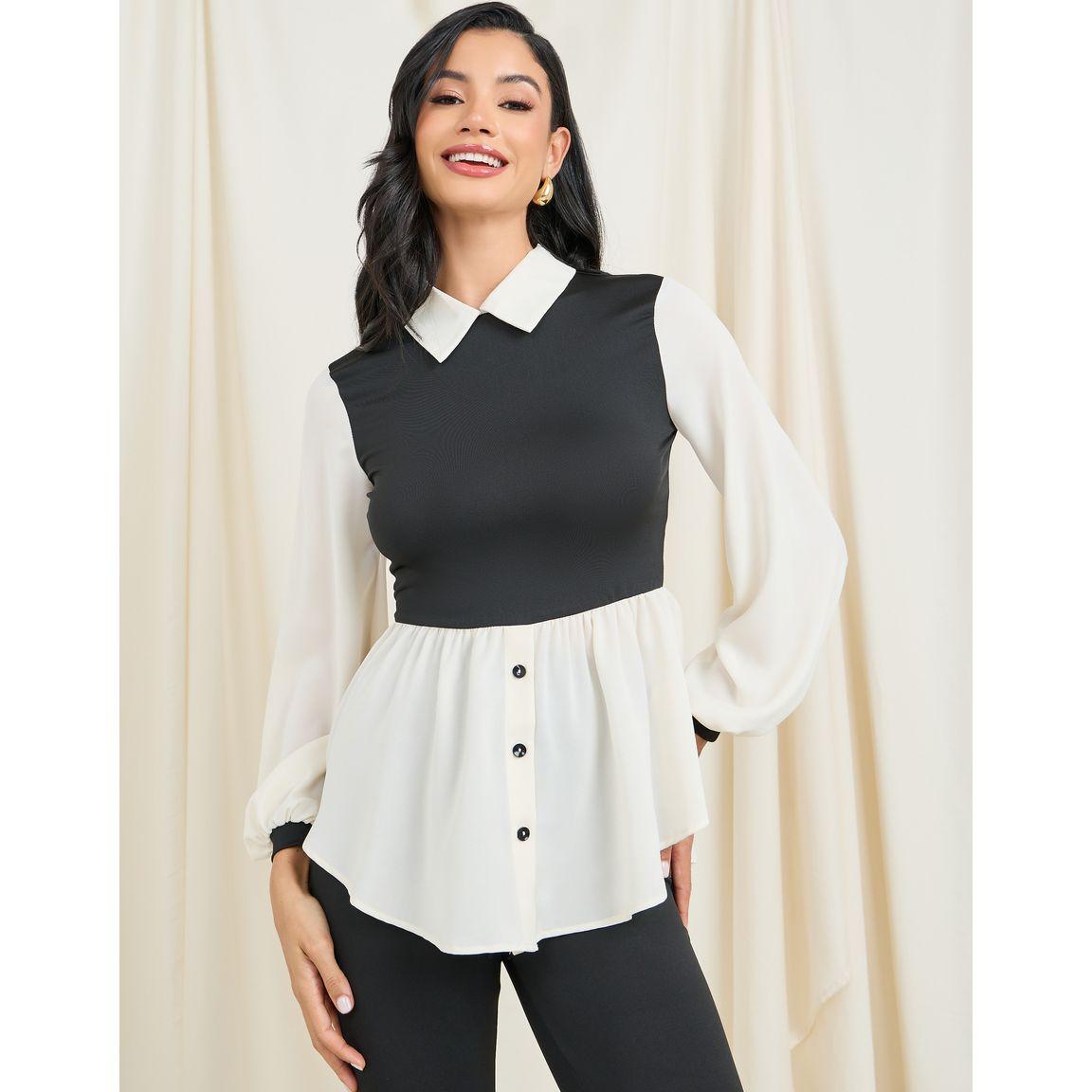 Styli Colorblock Peter Pan Collar Ruffle Hem Top and Legging Set-women-clothing-coordsets-image-2