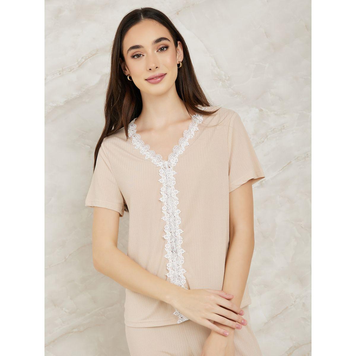 Styli Unwind Lace Trim Detail Rib T-Shirt & Pyjama Set-women-clothing-nightwear-pyjamas-longsets-image-2