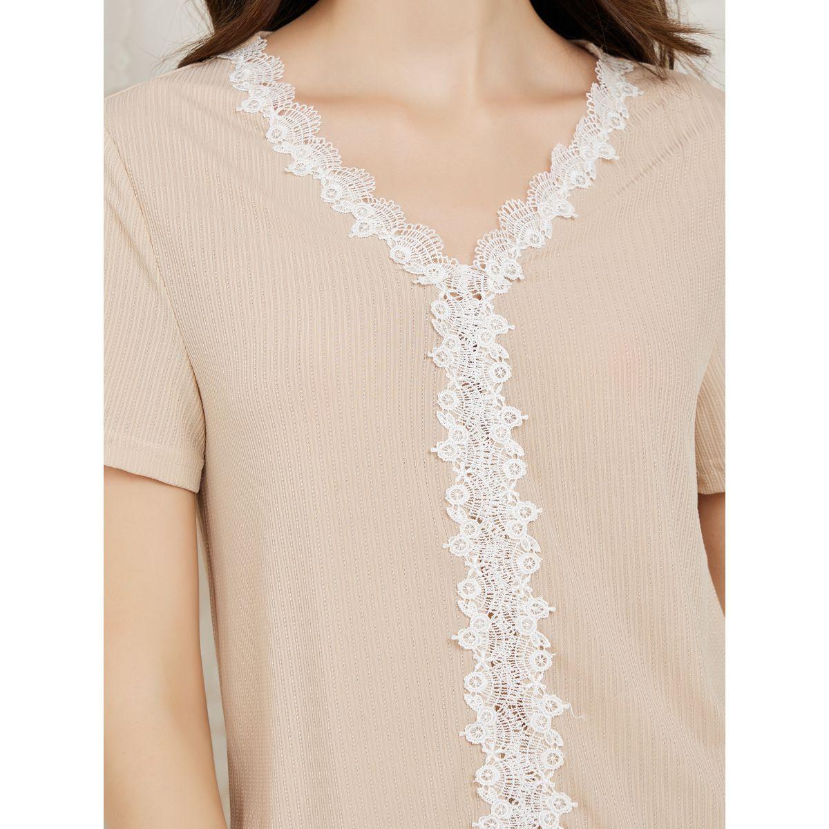 Styli Unwind Lace Trim Detail Rib T-Shirt & Pyjama Set-women-clothing-nightwear-pyjamas-longsets-image-3