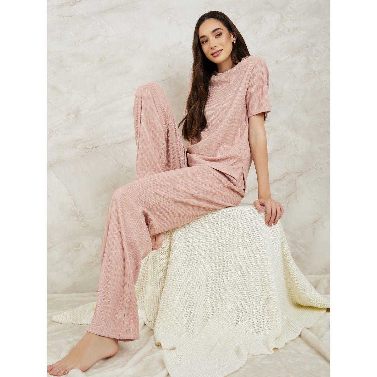 Styli Unwind Textured Detail T-Shirt & Pyjama Set-women-clothing-nightwear-pyjamas-longsets-image-1