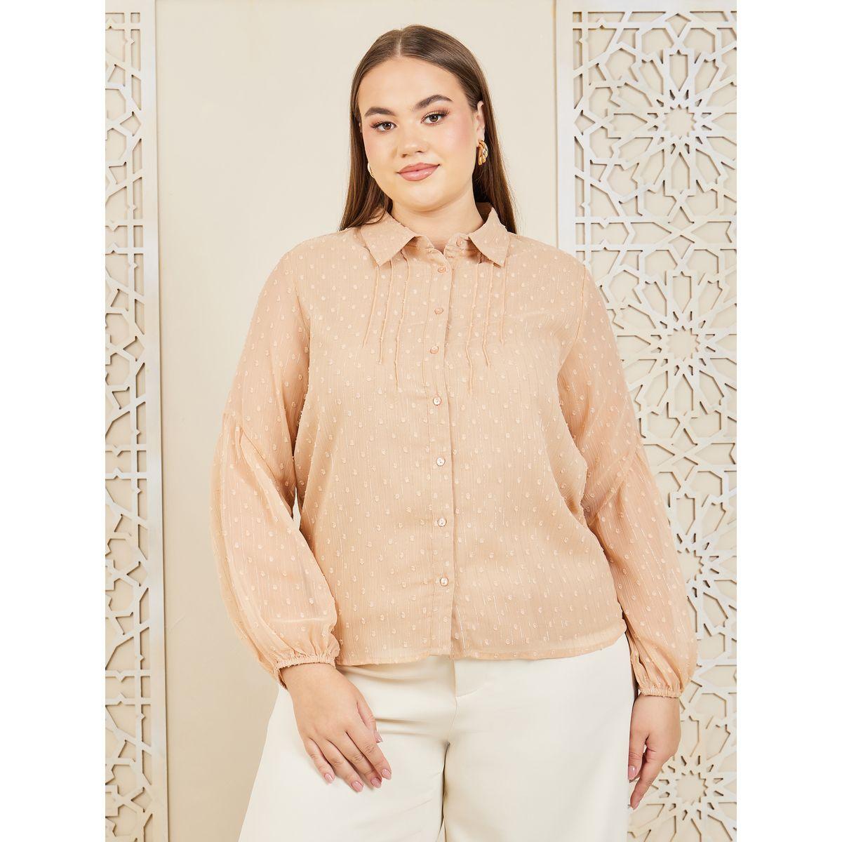 Styli Plus Button Front Dobby Textured Shirt with Long Sleeves-women-clothing-shirtsandblouses-shirts-image-2