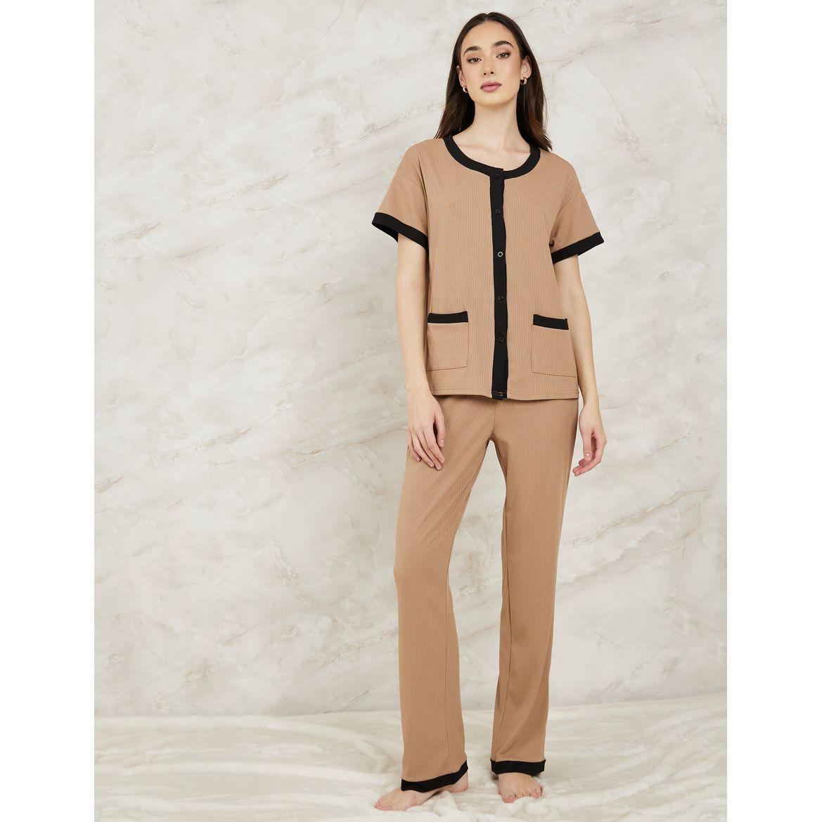 Styli Unwind Contrast Edge Rib Shirt & Pyjama Set-women-clothing-nightwear-pyjamas-longsets-image-1