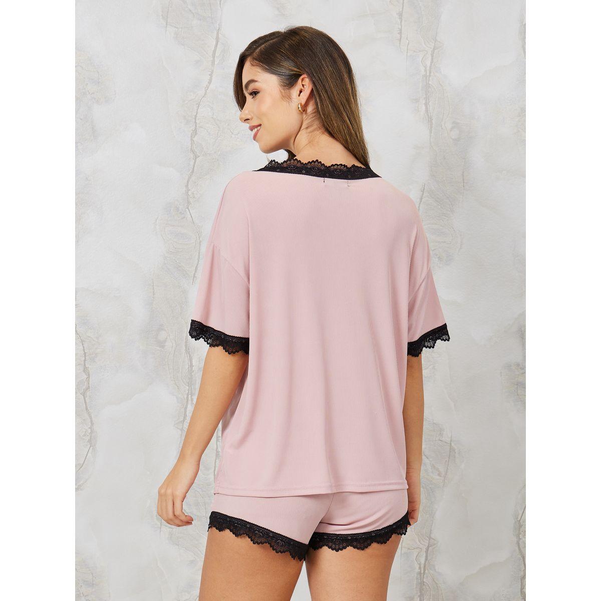 Styli Unwind Scallop Lace Edge Pocket Detail Rib Shirt & Shorts Set-women-clothing-nightwear-pyjamas-shortsets-image-4