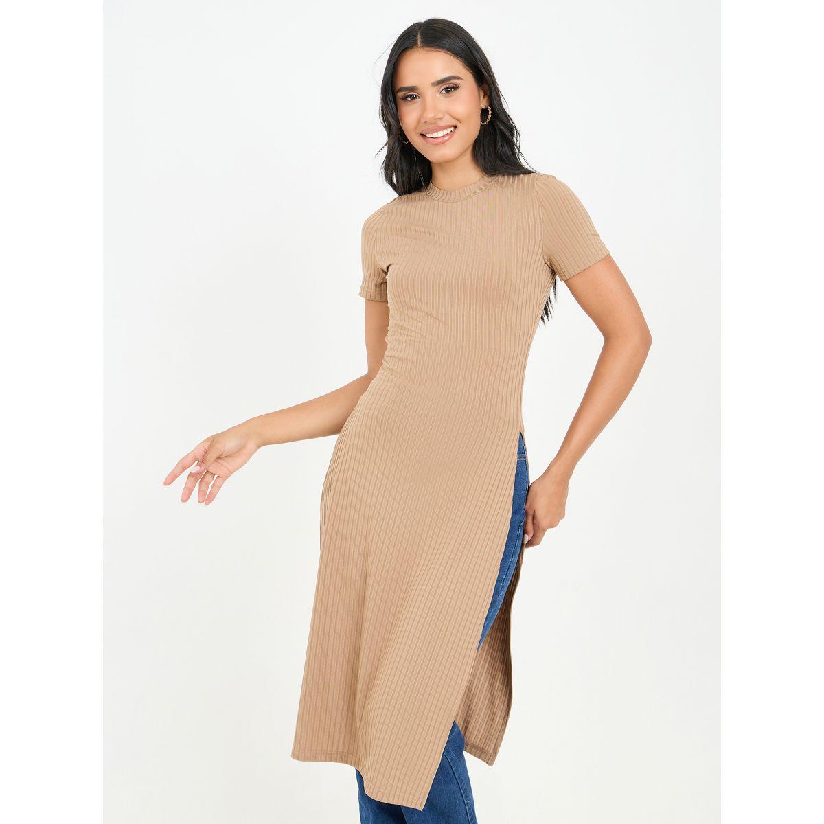 Styli Ribbed High Slit Long T-Shirt with Short Sleeves-women-clothing-tshirts-image-1