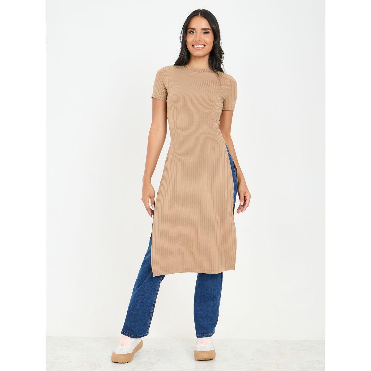 Styli Ribbed High Slit Long T-Shirt with Short Sleeves-women-clothing-tshirts-image-2