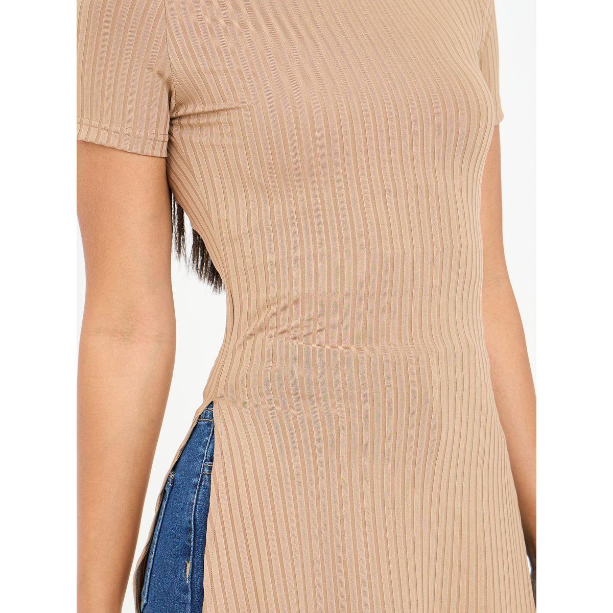 Styli Ribbed High Slit Long T-Shirt with Short Sleeves-women-clothing-tshirts-image-3