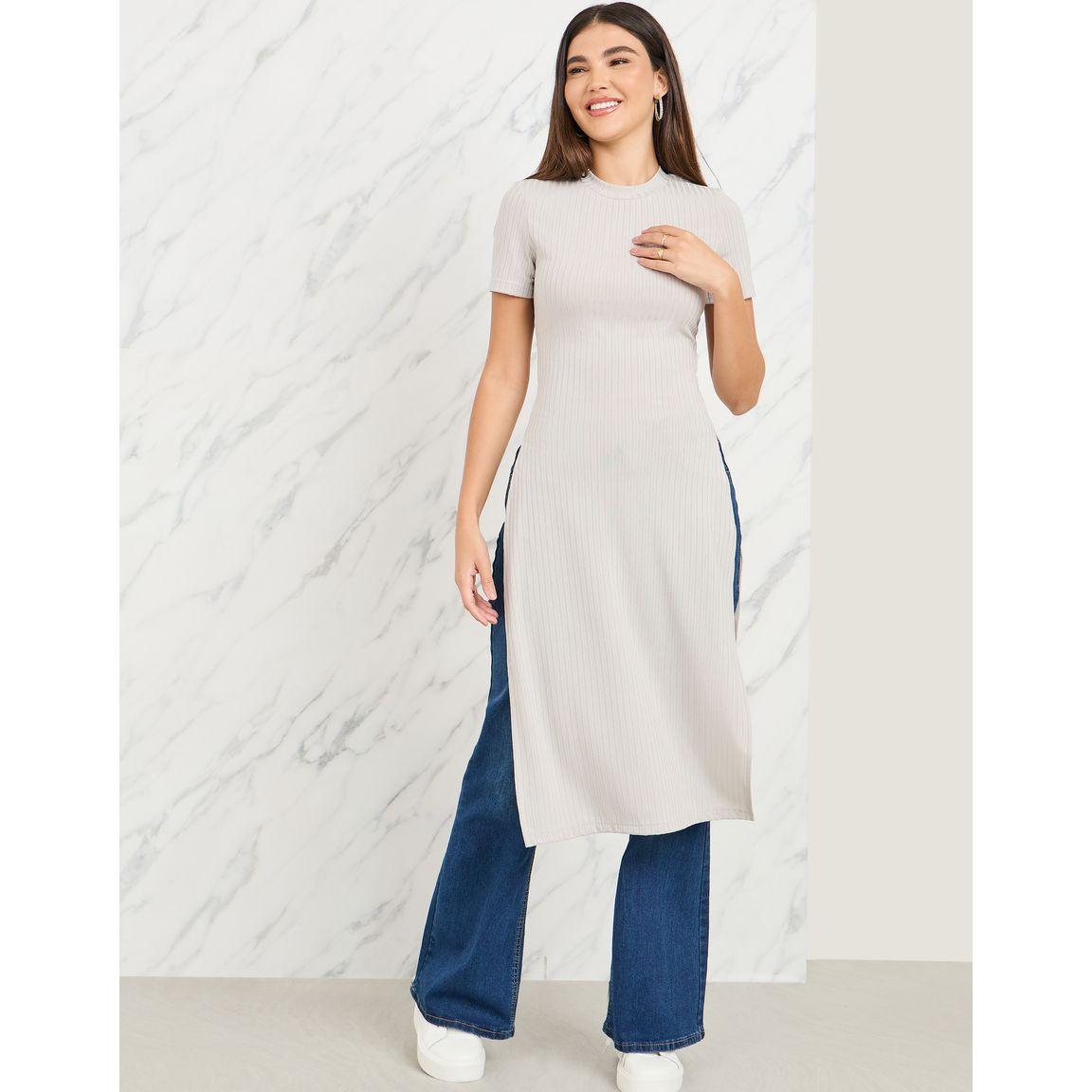 Styli Ribbed Side High Slit Longline T-Shirt with Short Sleeves-women-clothing-tshirts-image-1