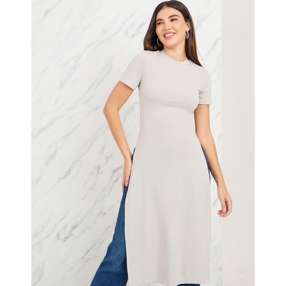 Styli Ribbed Side High Slit Longline T-Shirt with Short Sleeves-women-clothing-tshirts-image-2