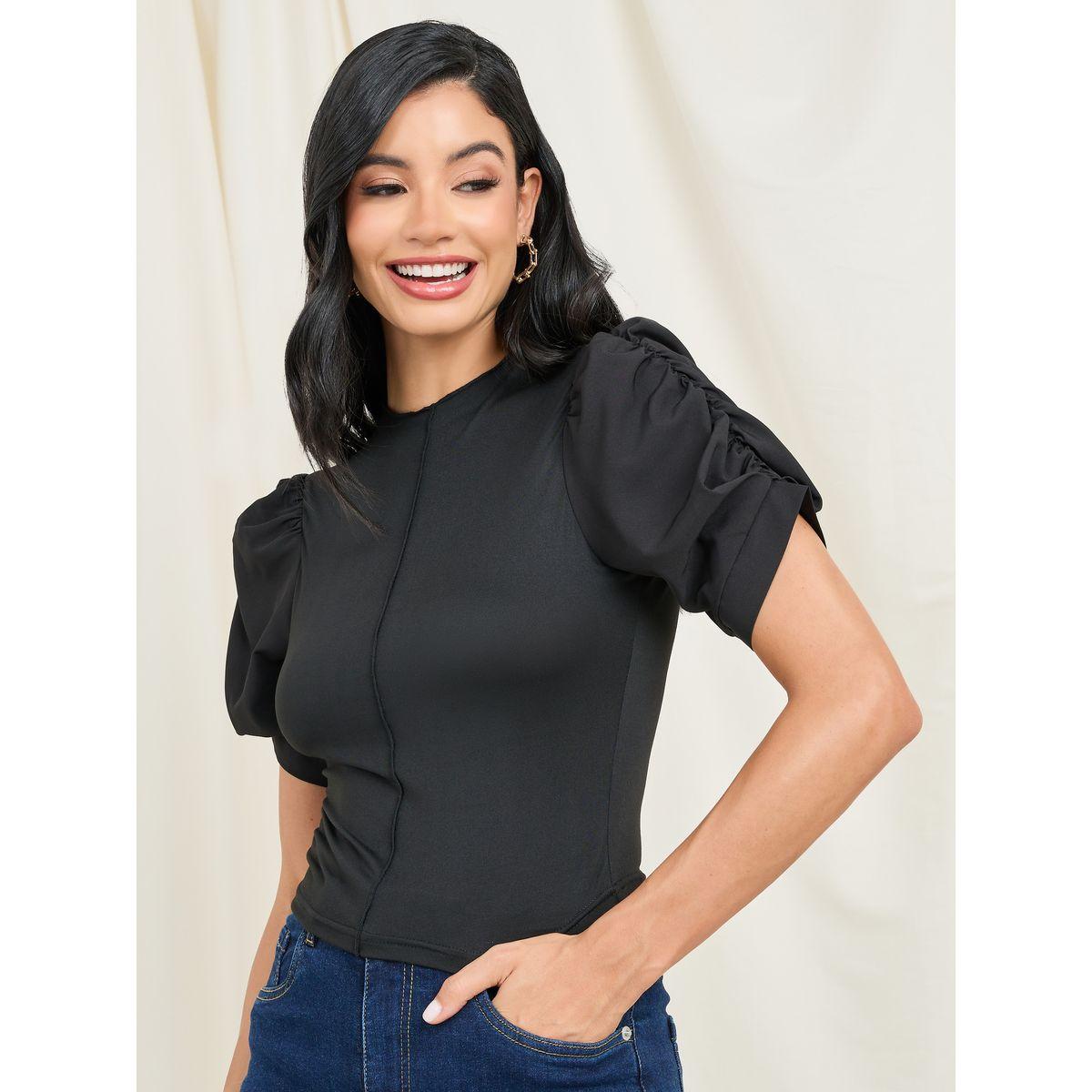 Styli High Neck Puff Sleeve Fitted T-Shirt-women-clothing-tshirts-image-1