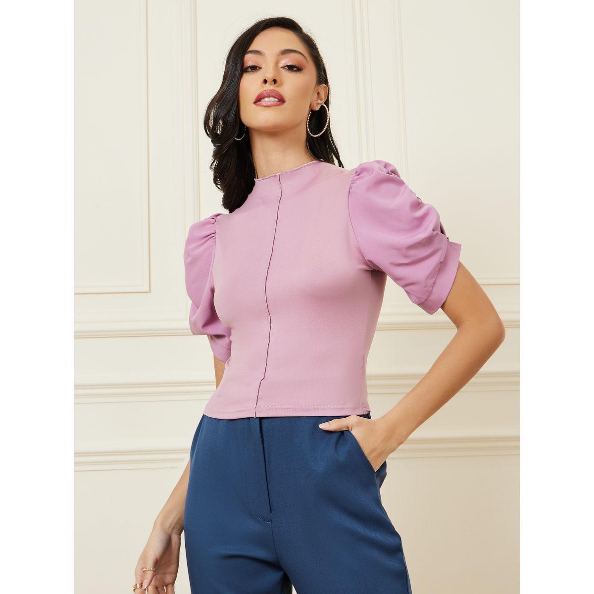 Styli High Neck Puff Sleeve Fitted T-Shirt-women-clothing-tshirts-image-3