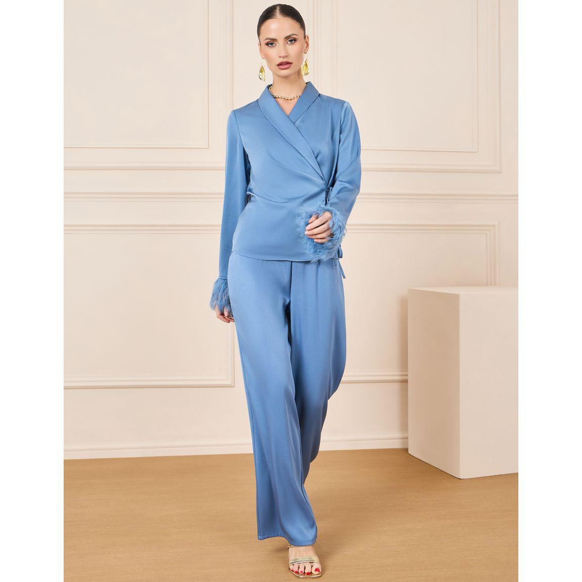 Styli Notch Lapel Collar Wrap Top with Faux Feather Trim & Pants Co-Ords-women-clothing-coordsets-image-1