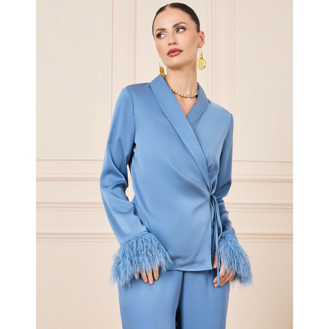 Styli Notch Lapel Collar Wrap Top with Faux Feather Trim & Pants Co-Ords-women-clothing-coordsets-image-2
