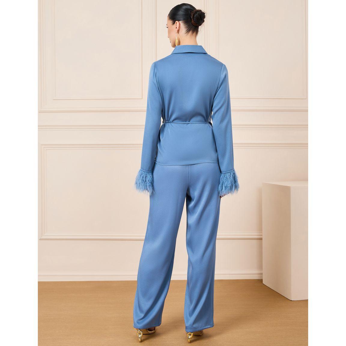 Styli Notch Lapel Collar Wrap Top with Faux Feather Trim & Pants Co-Ords-women-clothing-coordsets-image-6