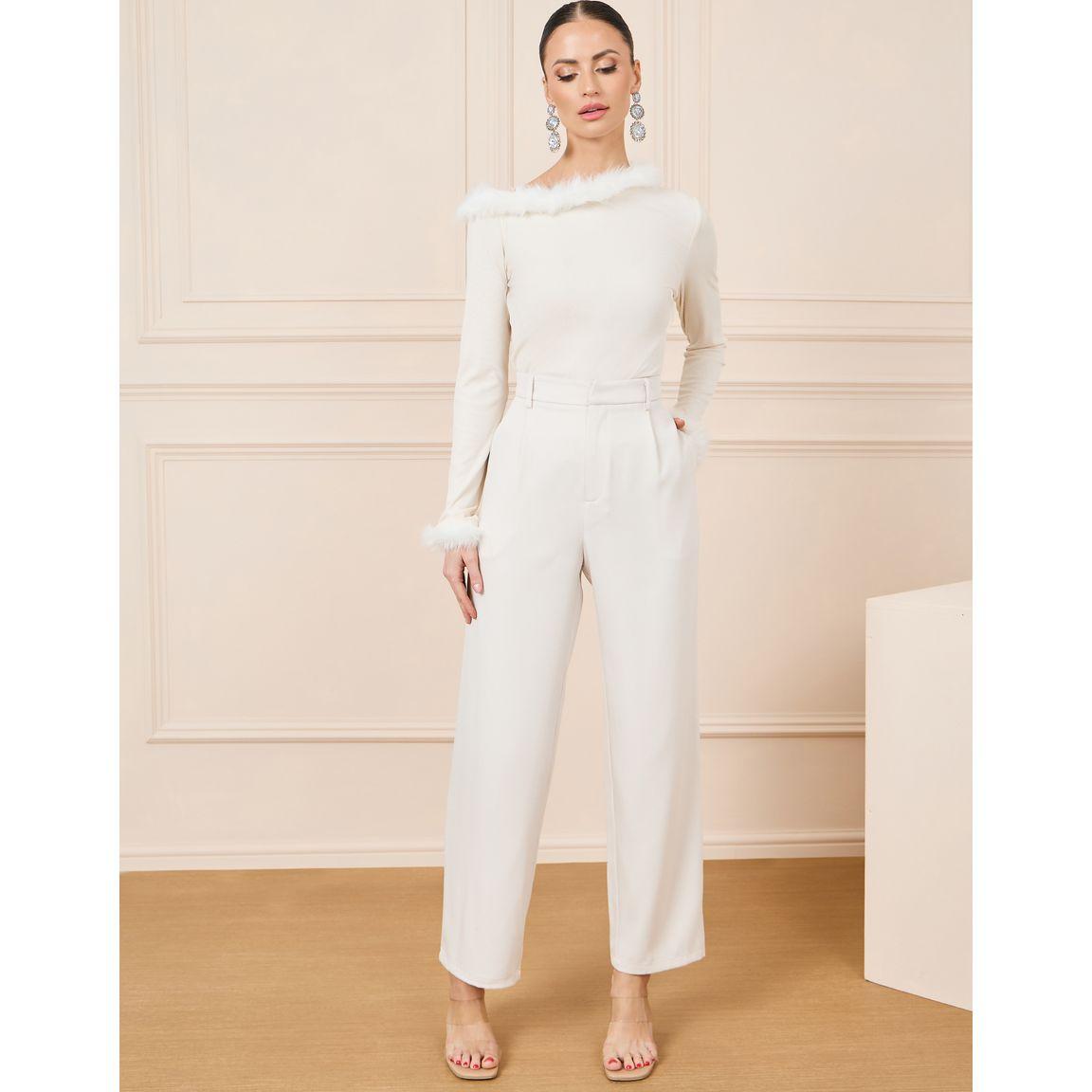 Styli Faux Feather Trim Hem Off Shoulder Top & Tailored Pants Co-Ord-women-clothing-coordsets-image-1