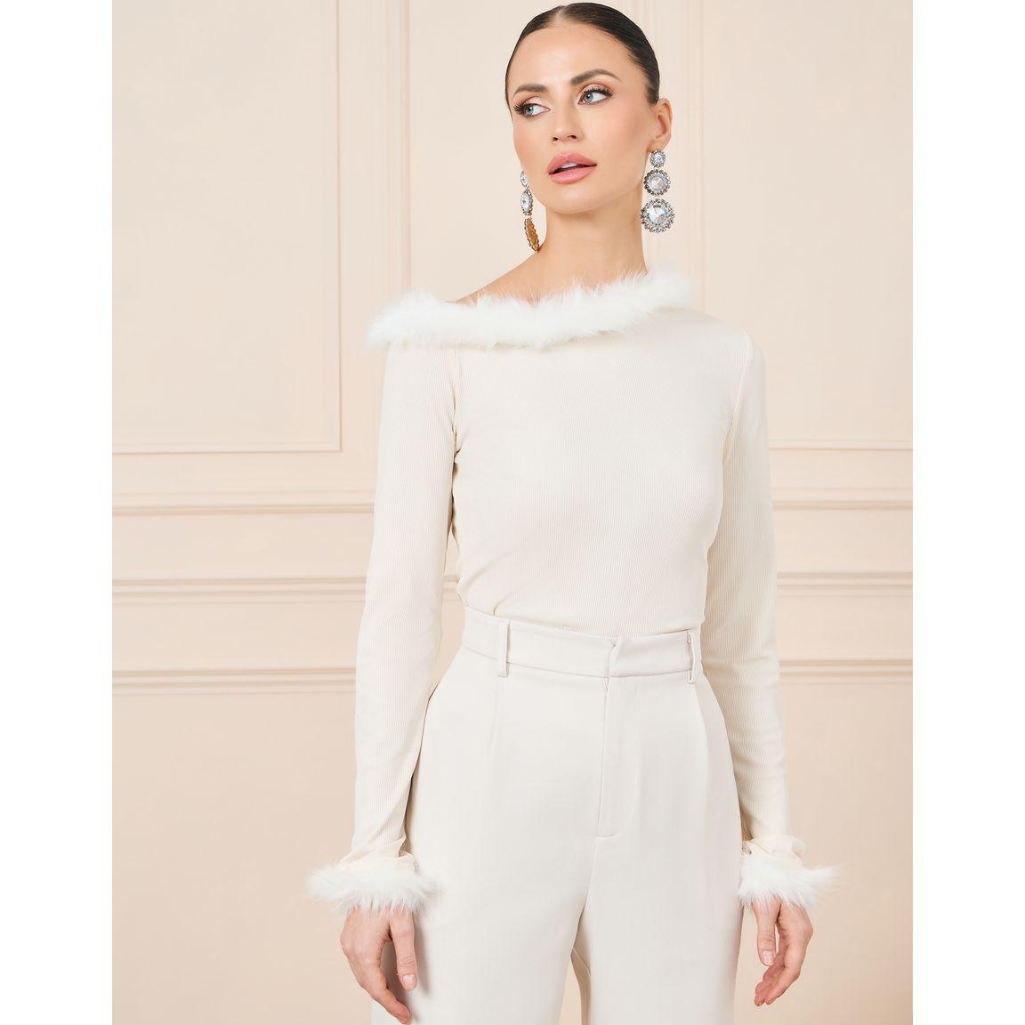 Styli Faux Feather Trim Hem Off Shoulder Top & Tailored Pants Co-Ord-women-clothing-coordsets-image-2