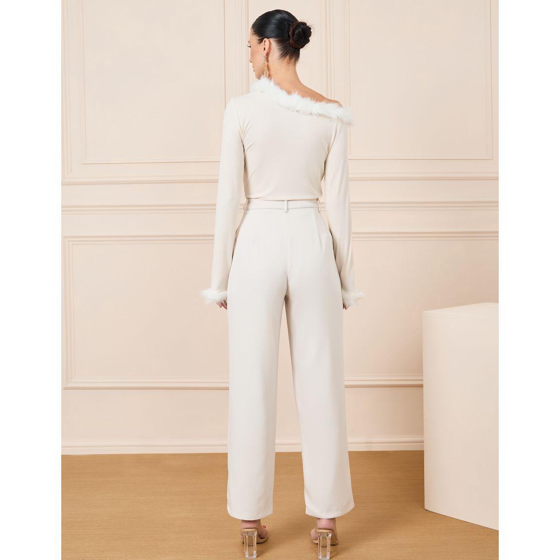 Styli Faux Feather Trim Hem Off Shoulder Top & Tailored Pants Co-Ord-women-clothing-coordsets-image-7