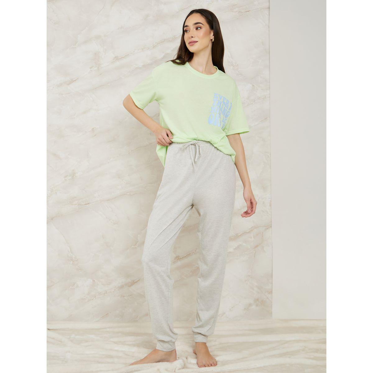 Styli Unwind Drop Shoulder Slogan Print T-Shirt & Cuff Pyjama Set-women-clothing-nightwear-pyjamas-longsets-image-1