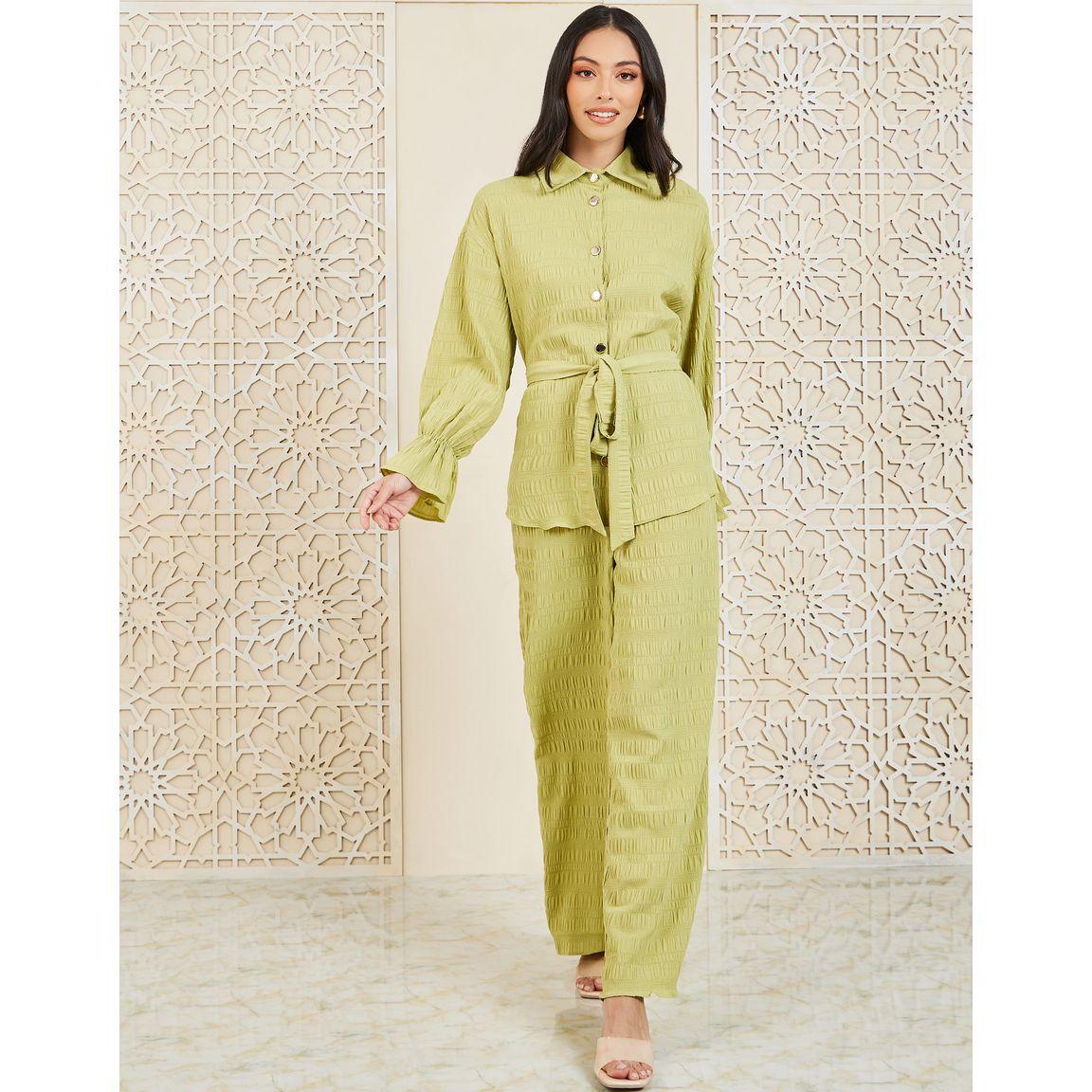 Styli Textured Shirt with Tie Up Belt & Wide Leg Pants Co-Ord-women-clothing-coordsets-image-1