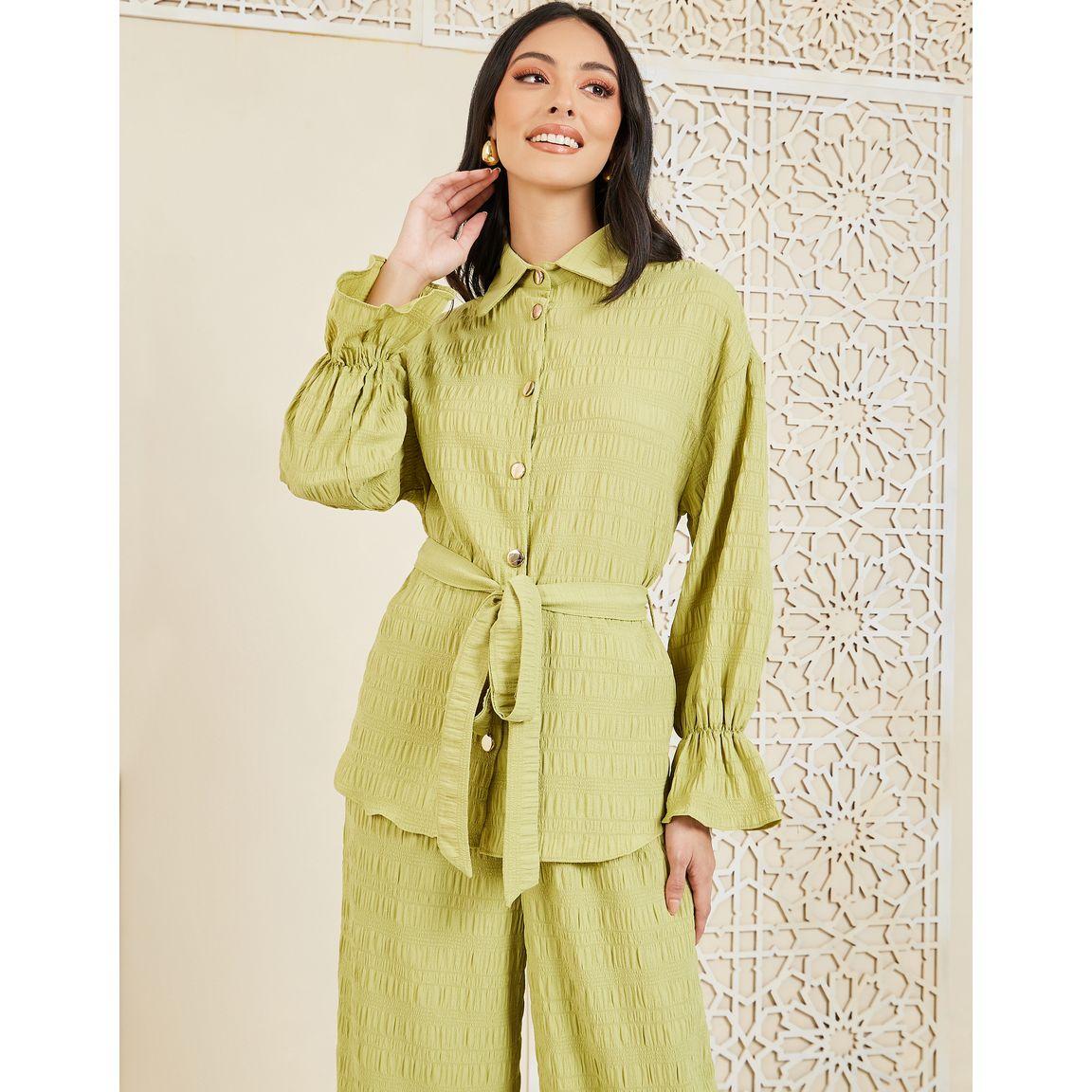 Styli Textured Shirt with Tie Up Belt & Wide Leg Pants Co-Ord-women-clothing-coordsets-image-2