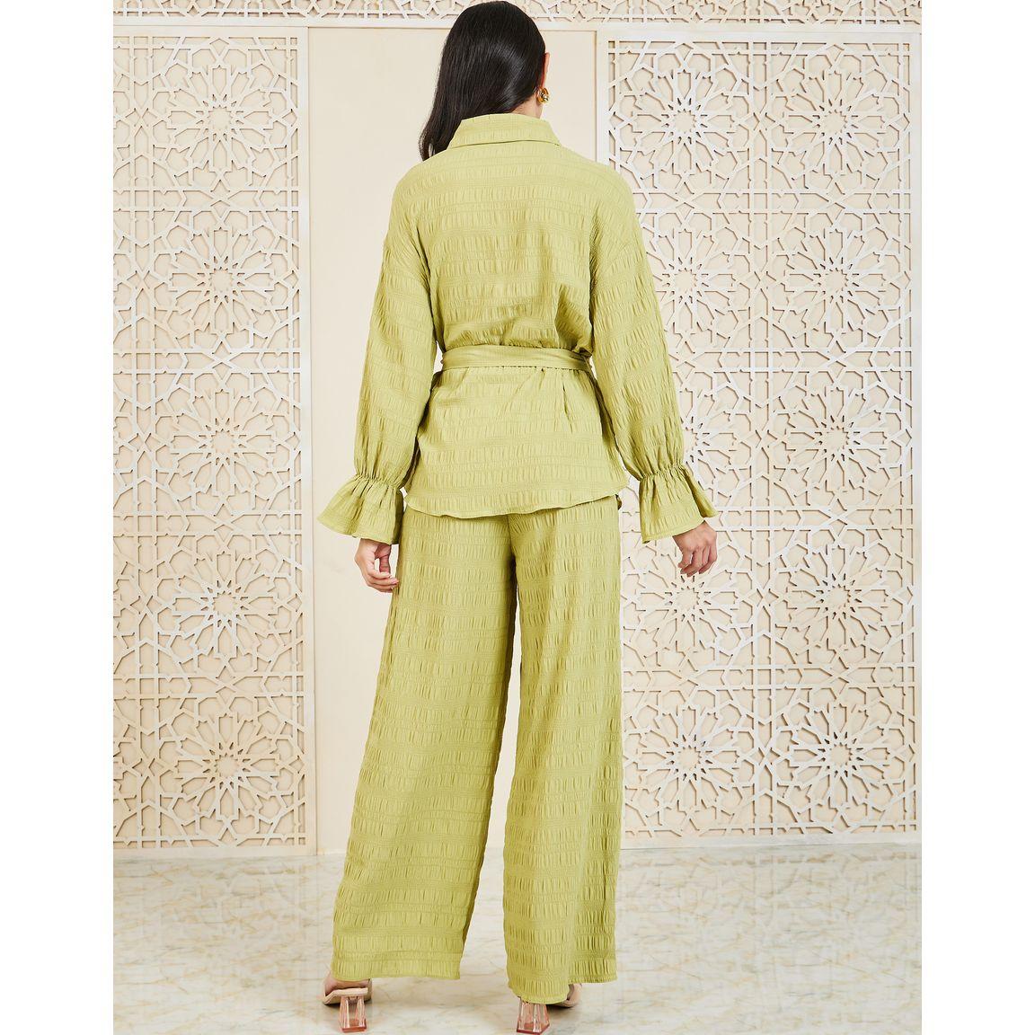 Styli Textured Shirt with Tie Up Belt & Wide Leg Pants Co-Ord-women-clothing-coordsets-image-5