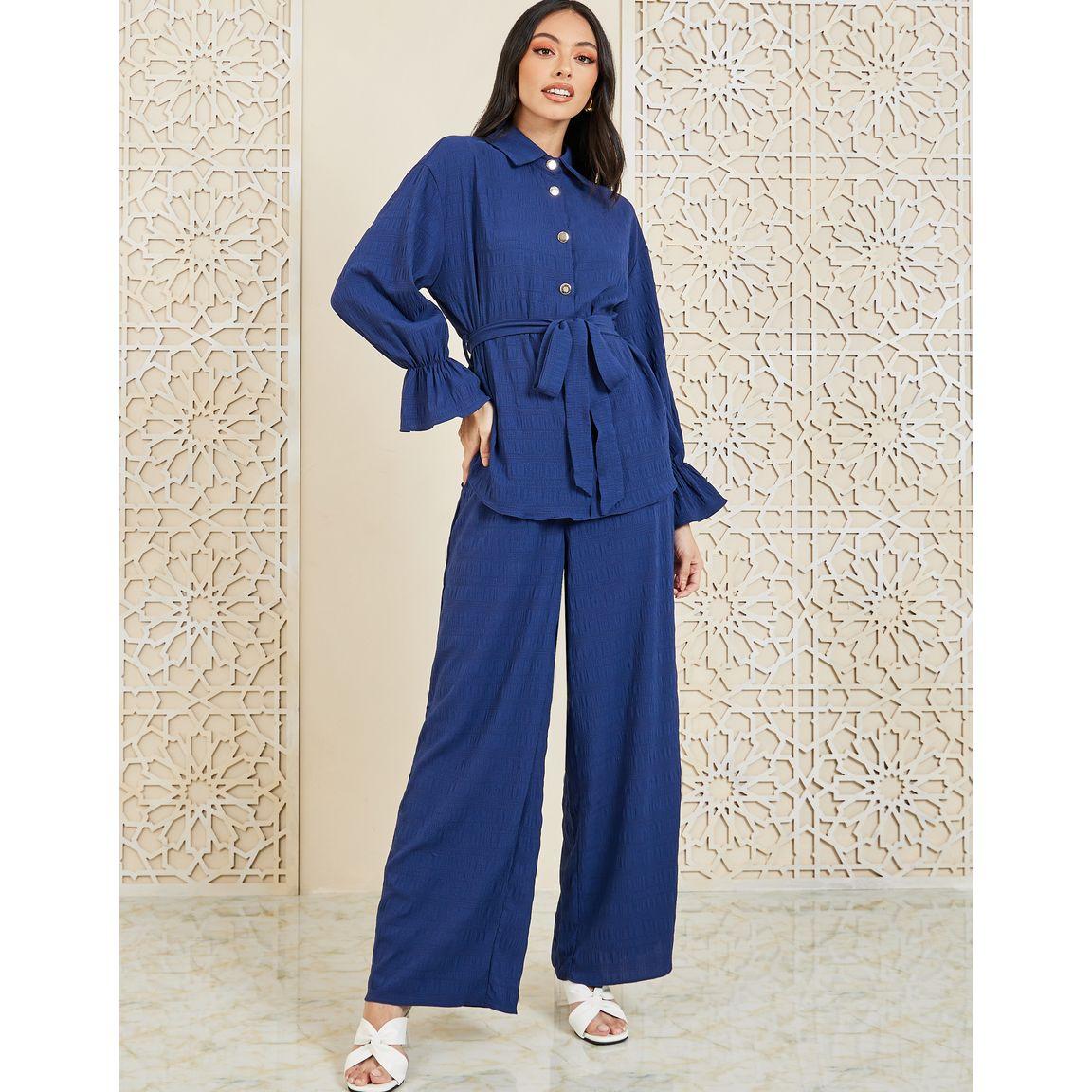 Styli Textured Shirt with Tie Up Belt & Wide Leg Pants Co-Ord-women-clothing-coordsets-image-1