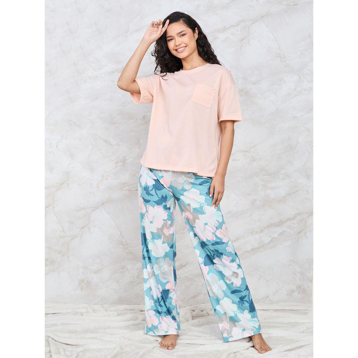Styli Unwind Solid Pocket T-Shirt & Floral Print Pyjama Set-women-clothing-nightwear-pyjamas-longsets-image-1