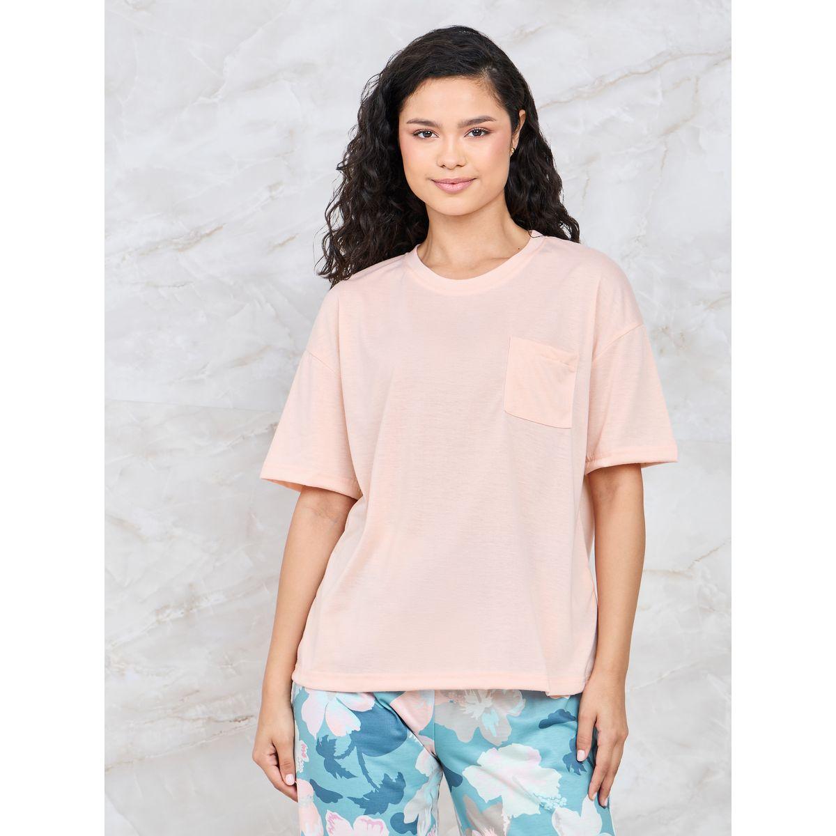 Styli Unwind Solid Pocket T-Shirt & Floral Print Pyjama Set-women-clothing-nightwear-pyjamas-longsets-image-4