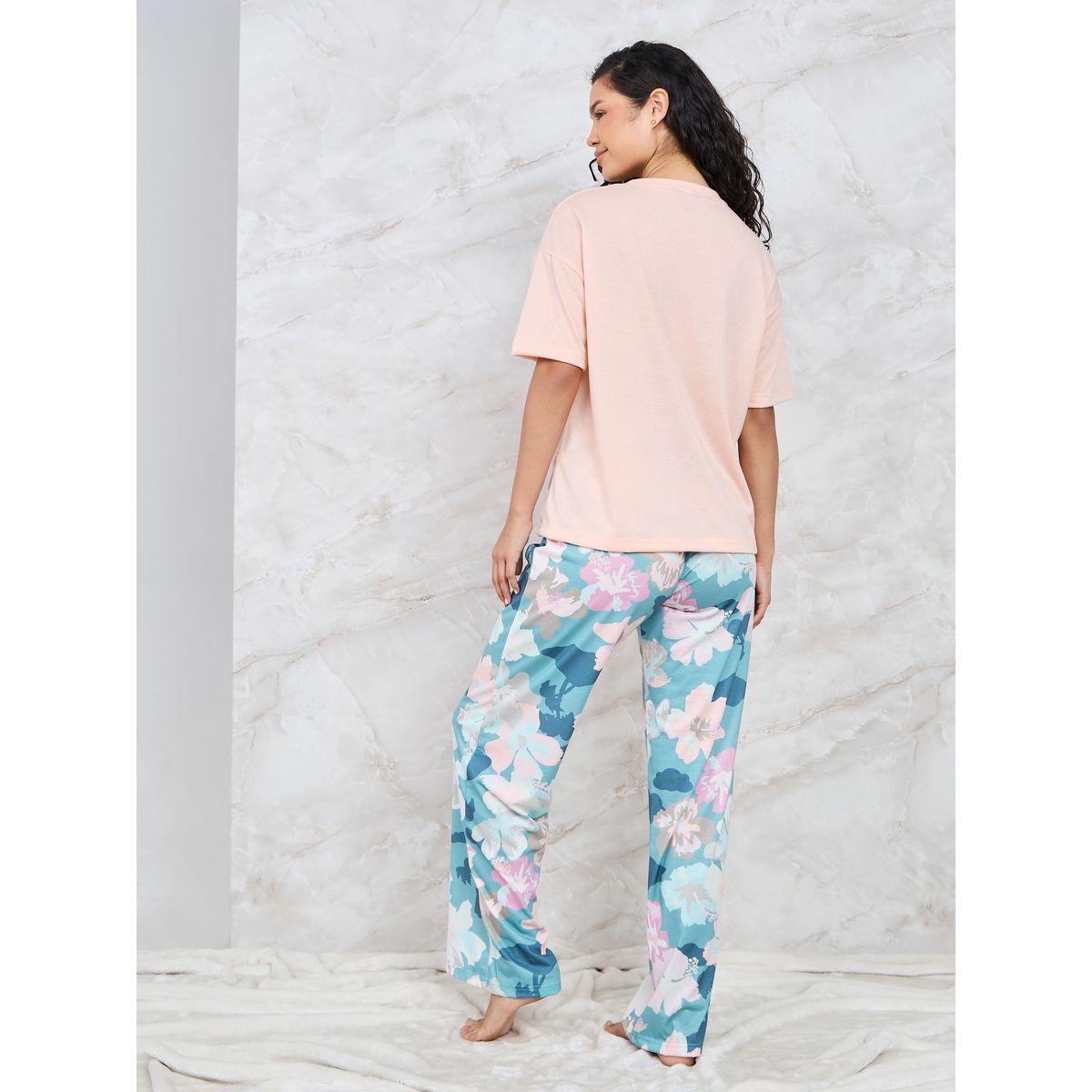 Styli Unwind Solid Pocket T-Shirt & Floral Print Pyjama Set-women-clothing-nightwear-pyjamas-longsets-image-5
