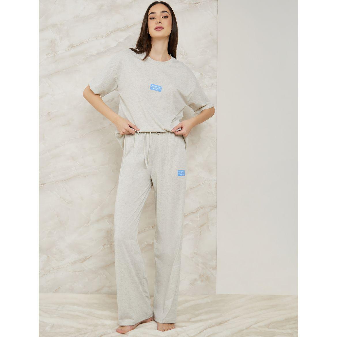 Styli Unwind Drop Shoulder Patch Detail T-Shirt & Pyjama Set-women-clothing-nightwear-pyjamas-longsets-image-1
