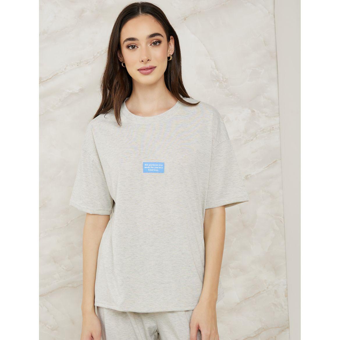Styli Unwind Drop Shoulder Patch Detail T-Shirt & Pyjama Set-women-clothing-nightwear-pyjamas-longsets-image-2