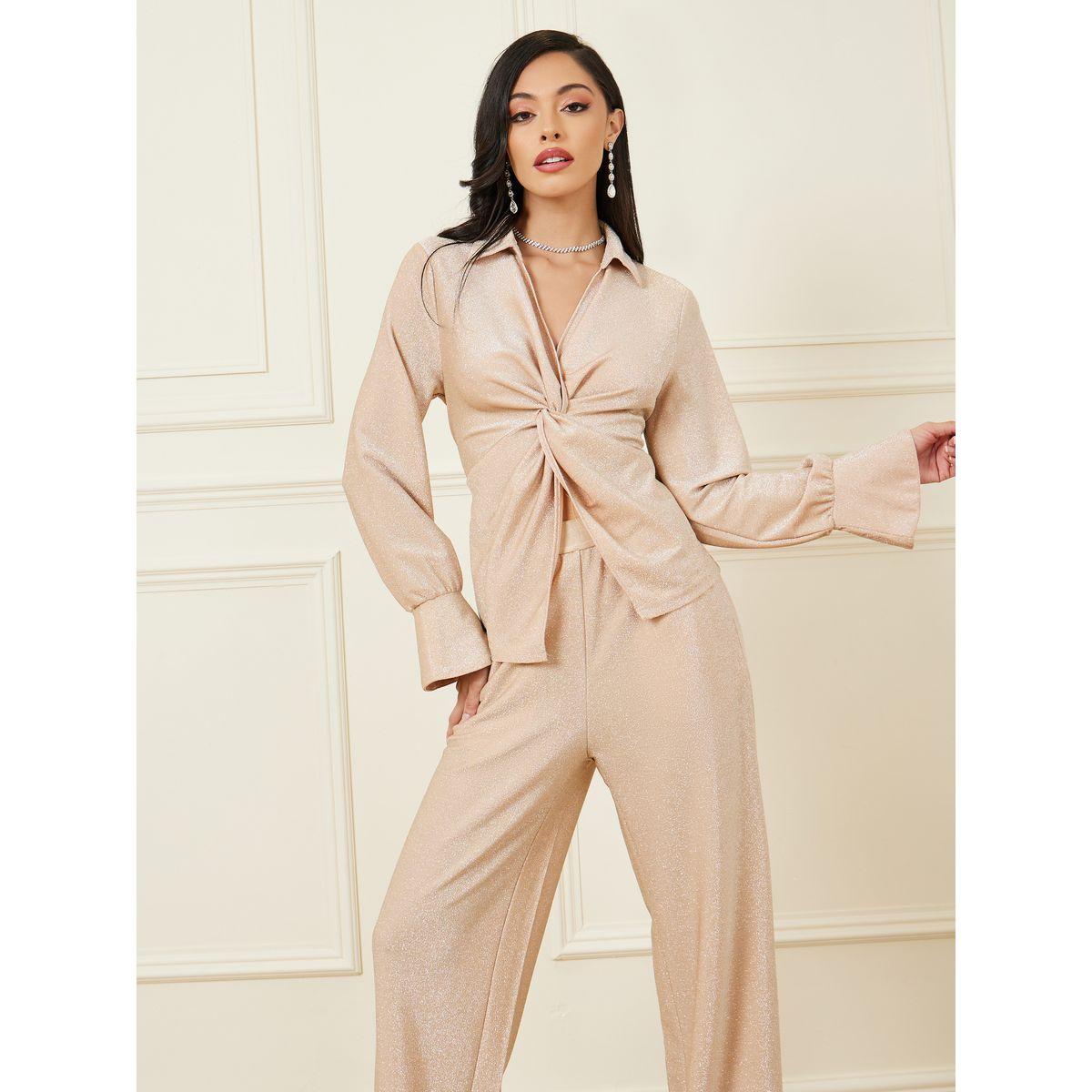 Styli Twisted Front Shimmer Look Top & Pants Co-Ords-women-clothing-coordsets-image-2