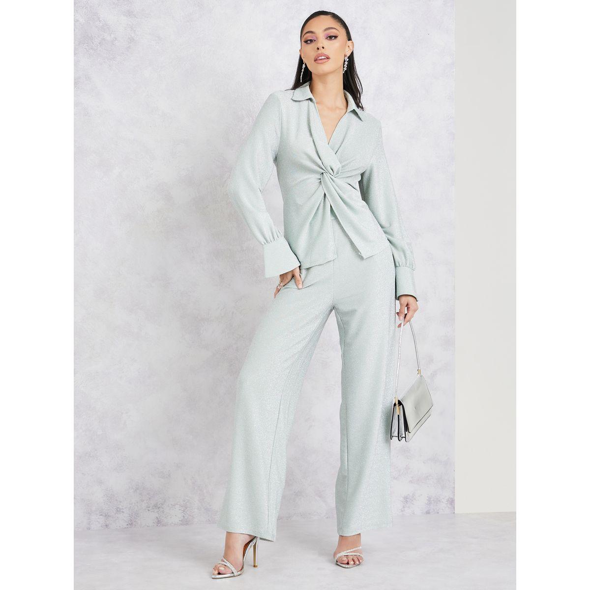 Styli Twisted Front Shimmer Look Top & Pants Co-Ords-women-clothing-coordsets-image-1