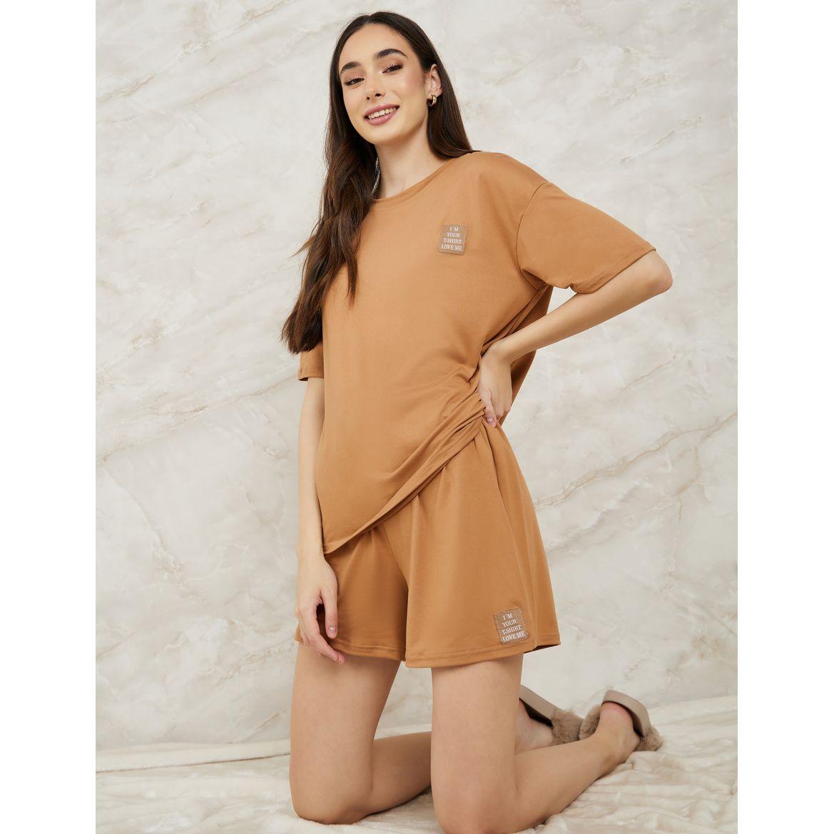 Styli Unwind Drop Shoulder Patch Detail T-Shirt & Shorts Set-women-clothing-nightwear-pyjamas-shortsets-image-1
