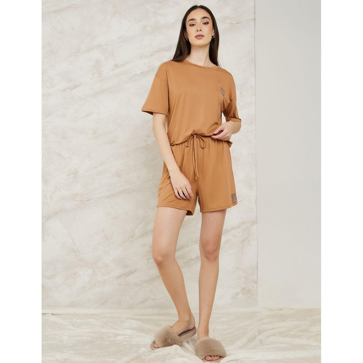 Styli Unwind Drop Shoulder Patch Detail T-Shirt & Shorts Set-women-clothing-nightwear-pyjamas-shortsets-image-2