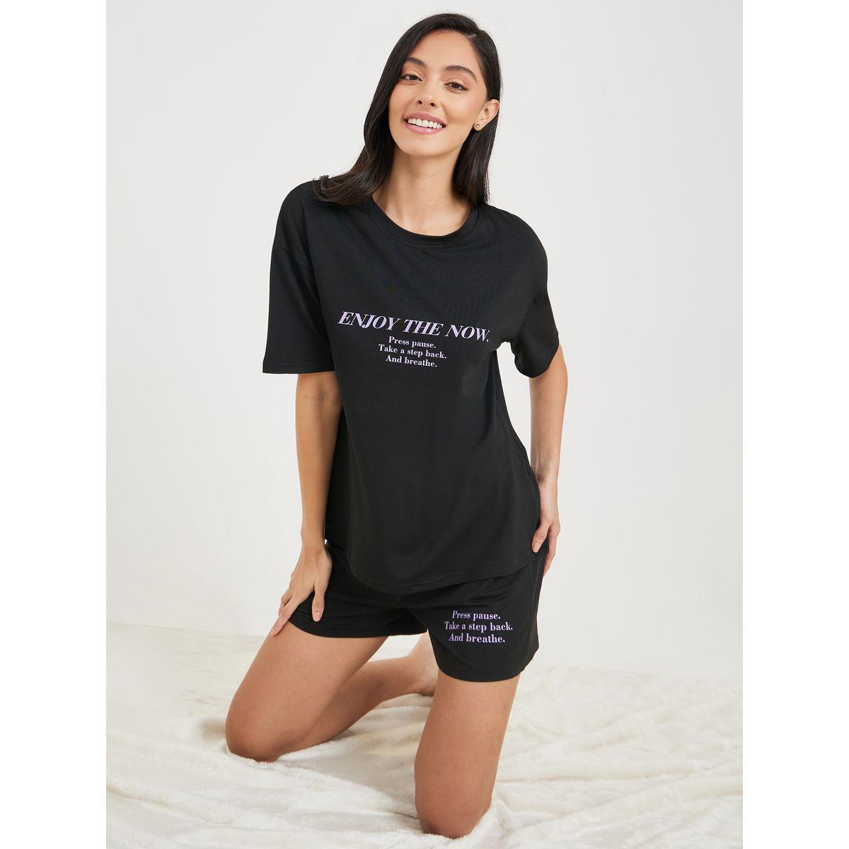 Styli Unwind Slogan Print T-shirt and Short Set-women-clothing-nightwear-pyjamas-shortsets-image-1