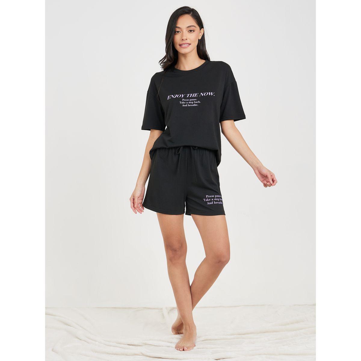 Styli Unwind Slogan Print T-shirt and Short Set-women-clothing-nightwear-pyjamas-shortsets-image-2