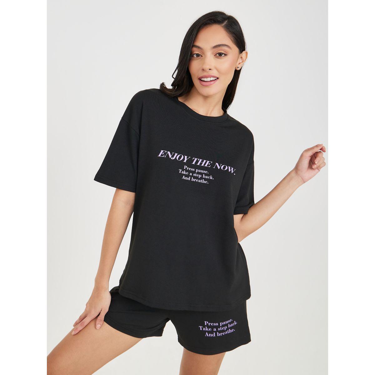 Styli Unwind Slogan Print T-shirt and Short Set-women-clothing-nightwear-pyjamas-shortsets-image-3