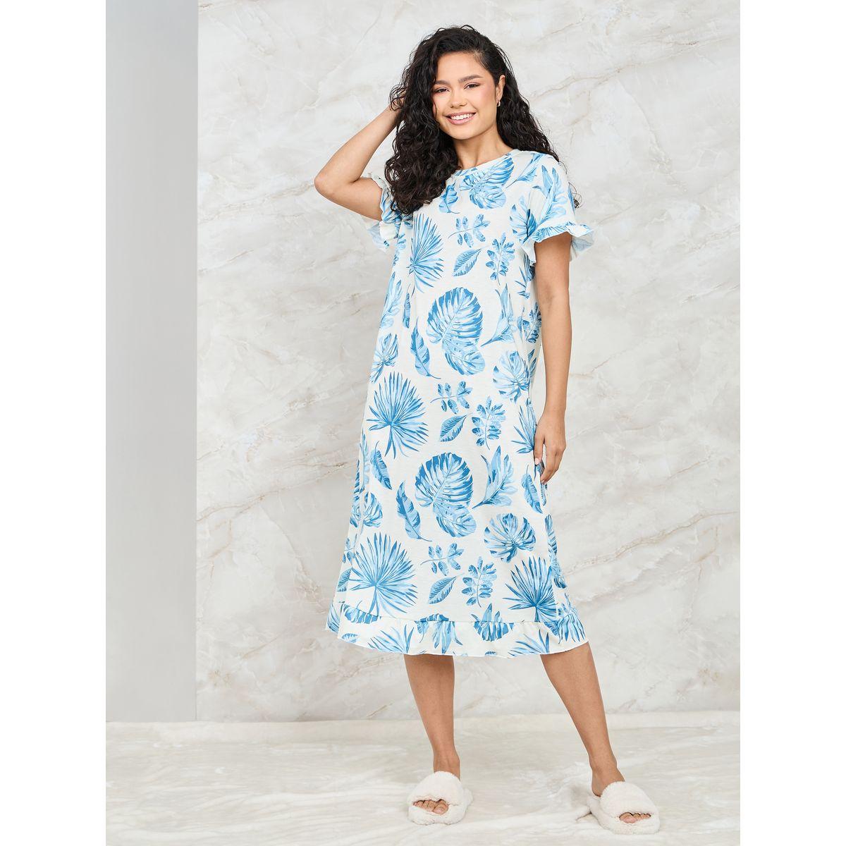 فستان تيشيرت نوم بأكمام مكشوشة بطبعة استوائية من Styli Unwind-women-clothing-nightwear-nighties-image-1