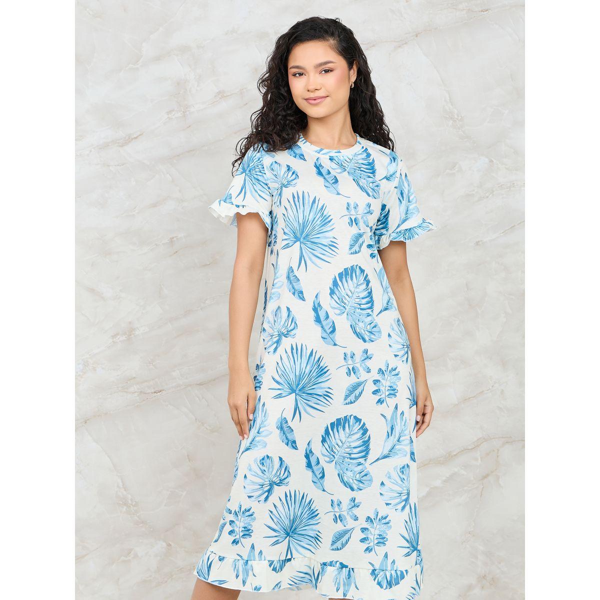 Styli Unwind Tropical Print Ruffle Sleeve Sleep T-Shirt Dress-women-clothing-nightwear-nighties-image-2