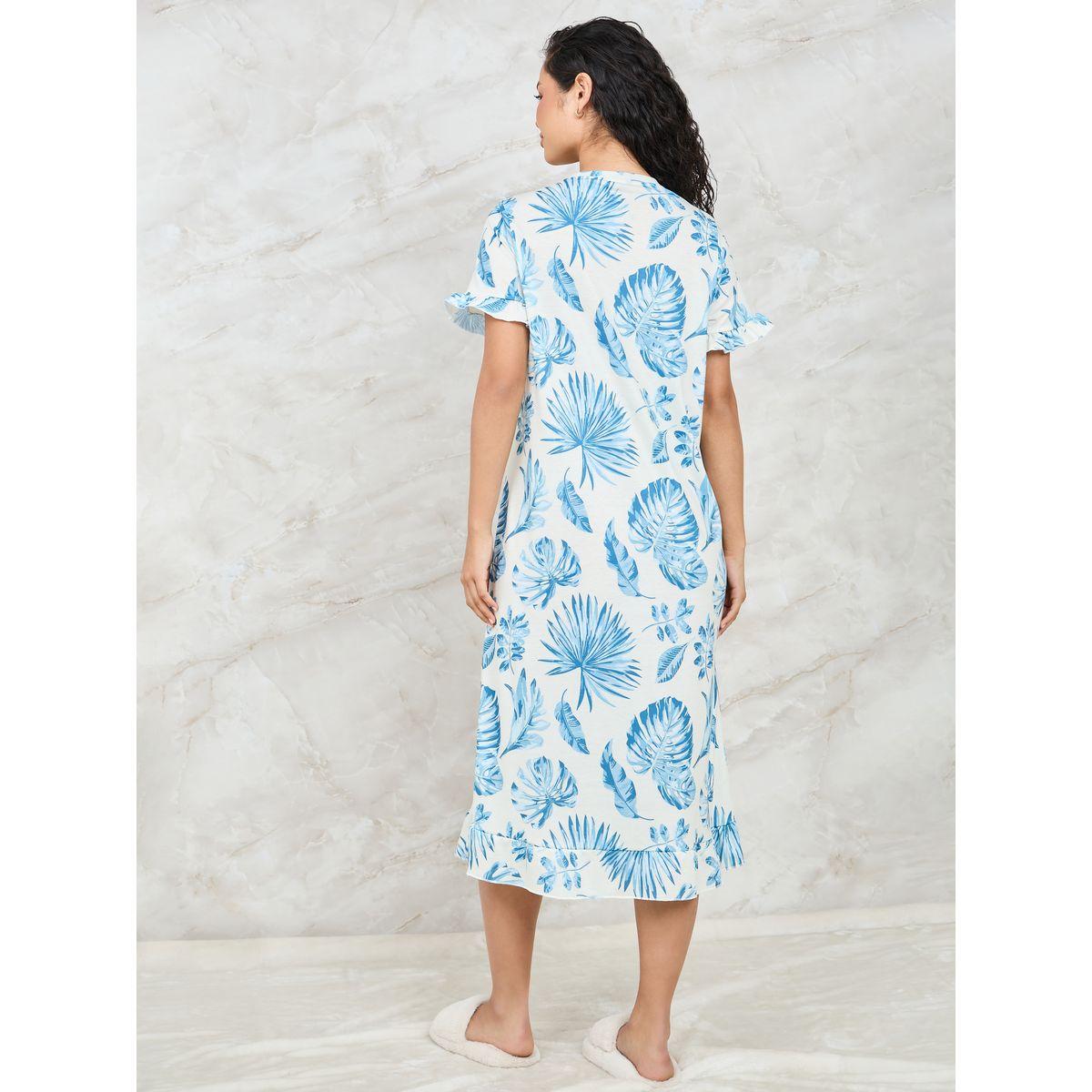 فستان تيشيرت نوم بأكمام مكشوشة بطبعة استوائية من Styli Unwind-women-clothing-nightwear-nighties-image-4