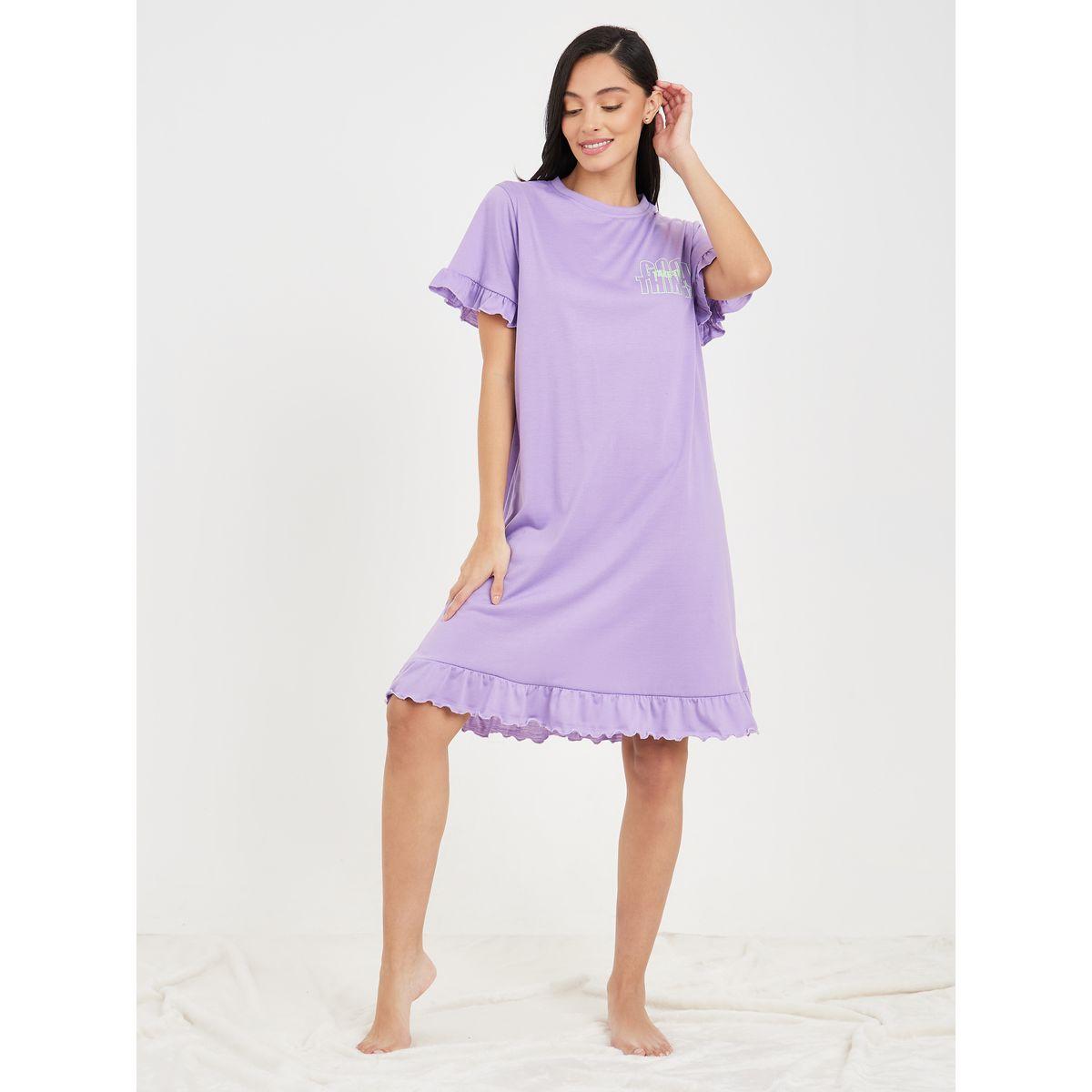 Styli Unwind Slogan Print Ruffle Hem Sleept T-shirt Dress-women-clothing-nightwear-nighties-image-1