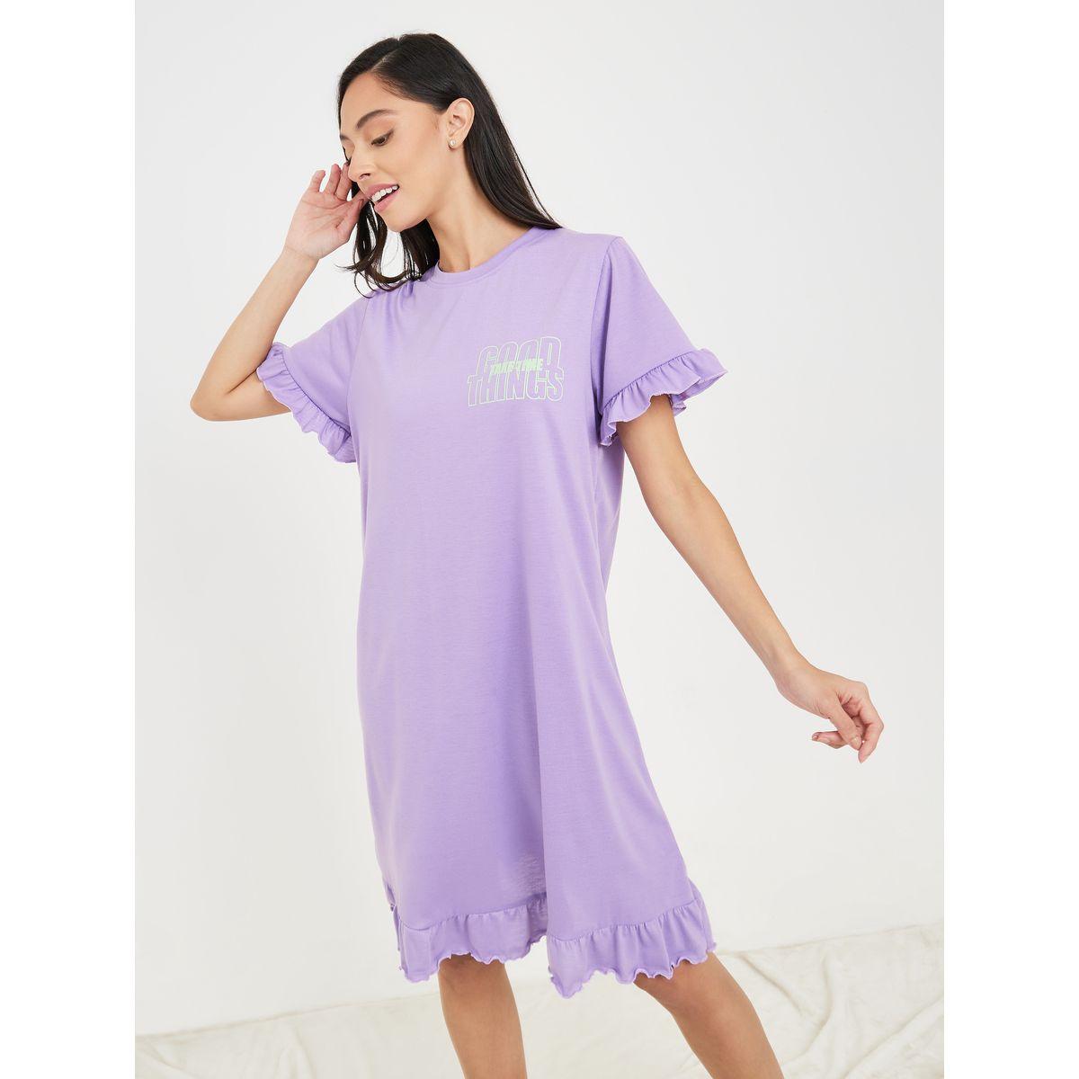 Styli Unwind Slogan Print Ruffle Hem Sleept T-shirt Dress-women-clothing-nightwear-nighties-image-2
