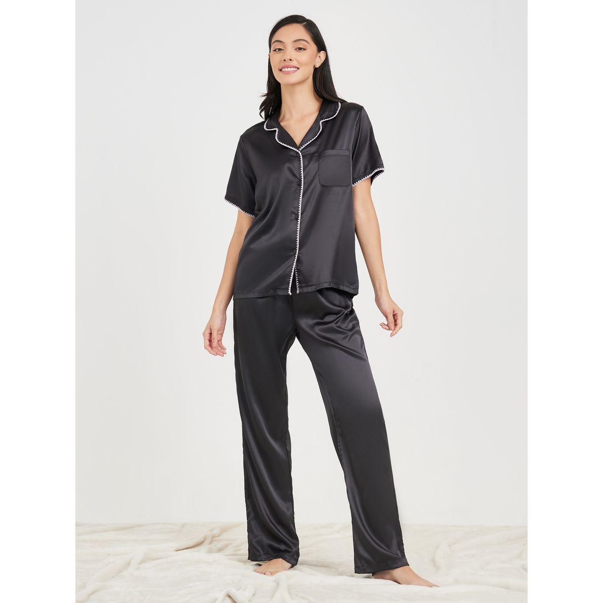 Styli Unwind Contrast Stitch Edge Satin Shirt and Pyjama Set-women-clothing-nightwear-pyjamas-longsets-image-1