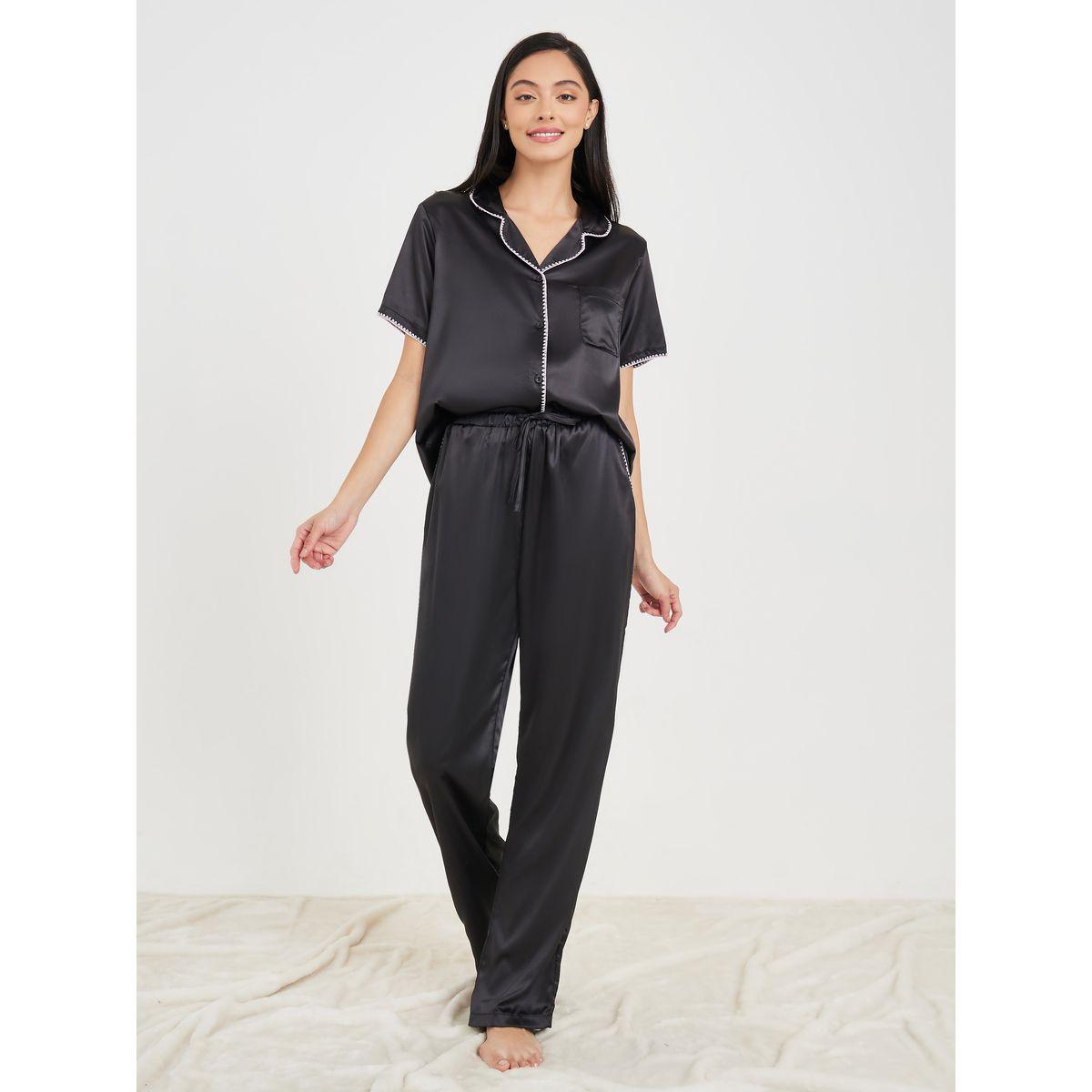 Styli Unwind Contrast Stitch Edge Satin Shirt and Pyjama Set-women-clothing-nightwear-pyjamas-longsets-image-2