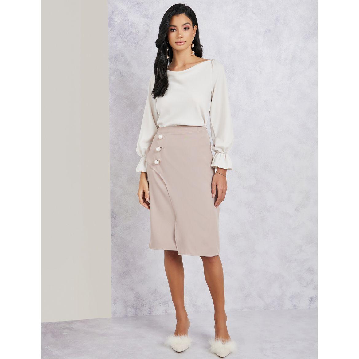 Styli Solid Faux Pearl Button Detail Midi Skirt-women-clothing-bottoms-skirts-image-2