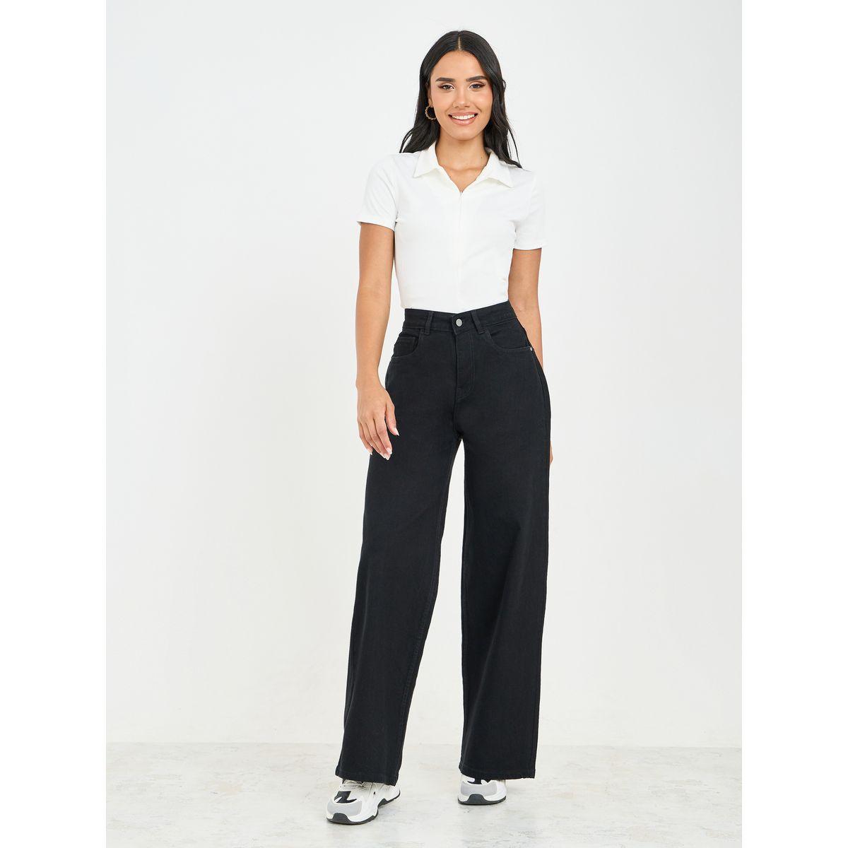 Styli Solid Wide Leg Denim Jeans-women-clothing-bottoms-jeans-image-2
